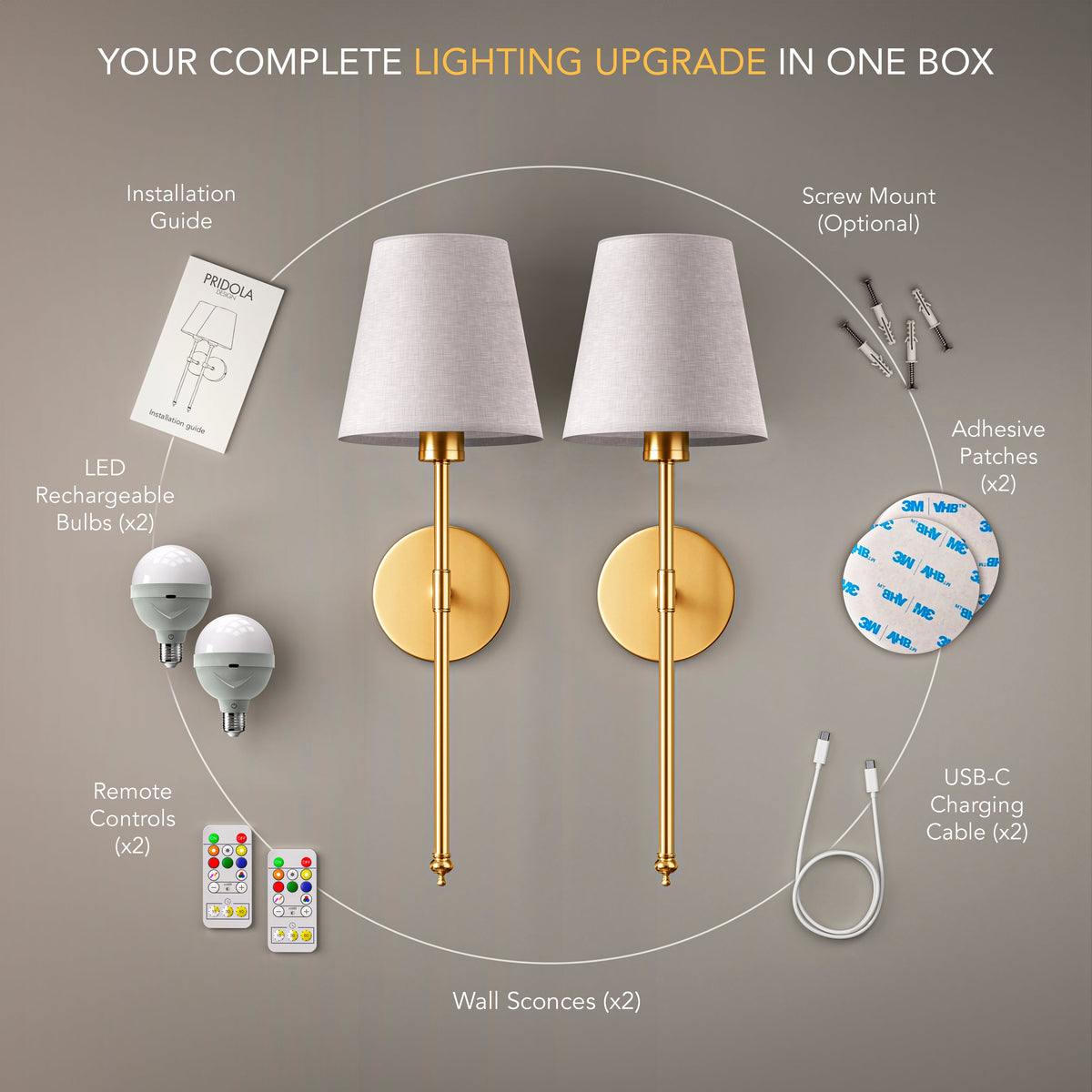 WIRELESS WALL SCONCE (SET OF 2 + 2 BULBS INCLUDED)